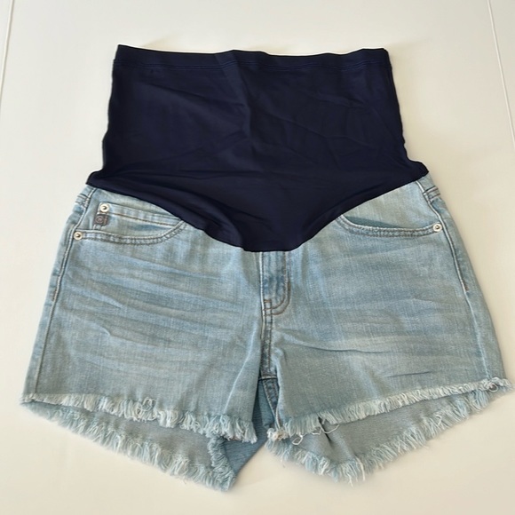 Pinkblush Light Wash Fringe Hem Maternity Denim Jean Shorts - Picture 3 of 9